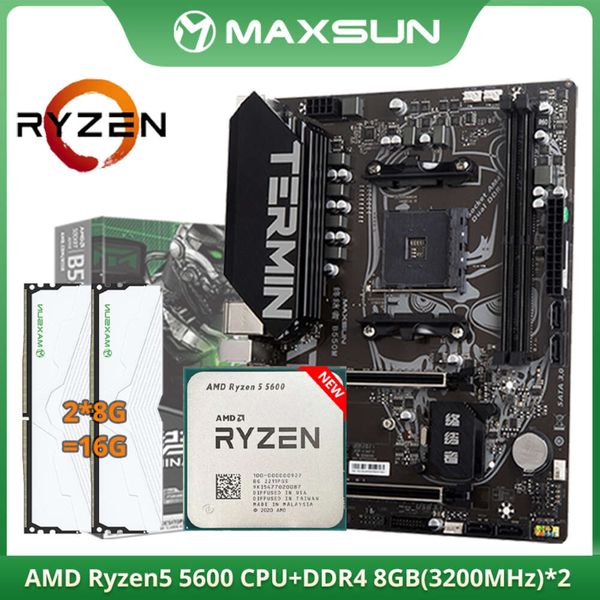 MAXSUN Gaming Motherboard Set Terminator B550M CPU AMD Ryzen 5 5600 6 Core 12 Thread PCIE4.0 DDR4 8GB 3200MHz RAM M.2 SATA3