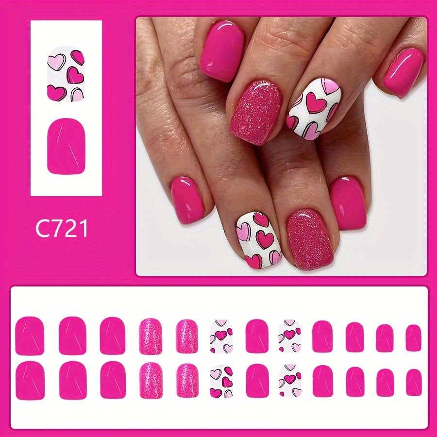 TEMU 24pcs Square Glossy Short Press-on Nails, Full Cover False Nails With Valentine's Day Heart & Glitter Design, Mixed , Short Square Shape For
