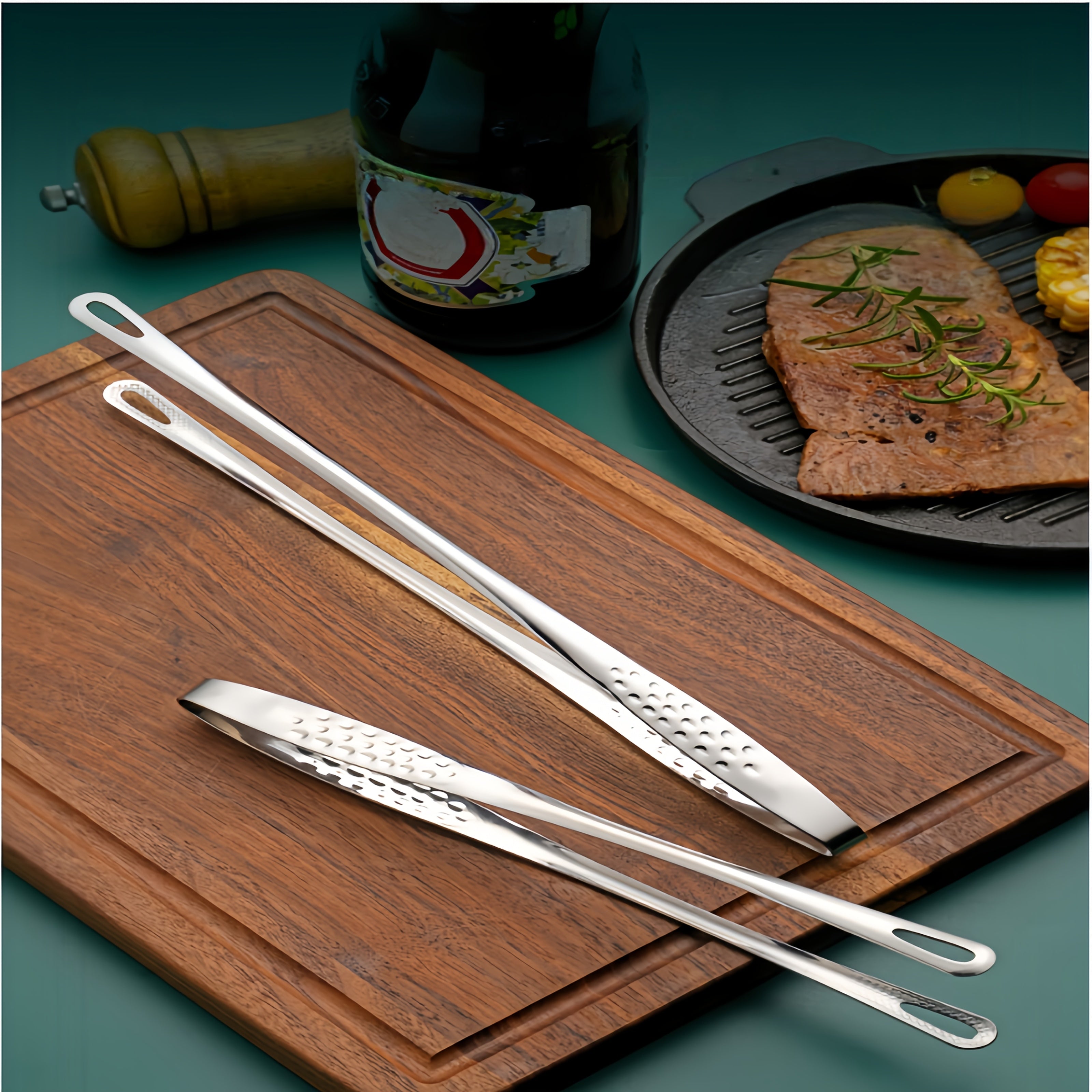 TEMU 2pcs Stainless Steel Long Handle Anti-slip Grilling Tongs Steak Tongs Kitchen Cooking Utensils Kitchen Accessories