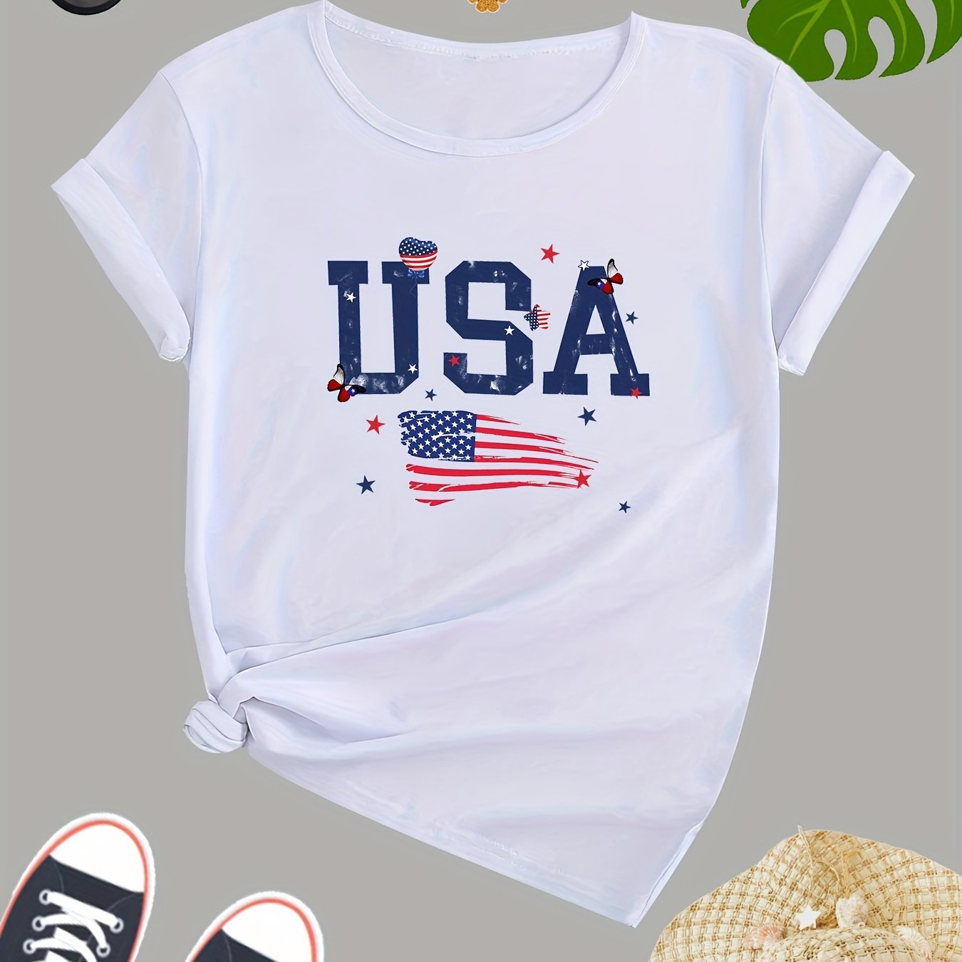 TEMU Women's Usa Flag T-shirt With Usa Pattern & Usa Lettering - White Short Sleeve Crew Neck Casual Summer Top, Red White & & , Outfit,