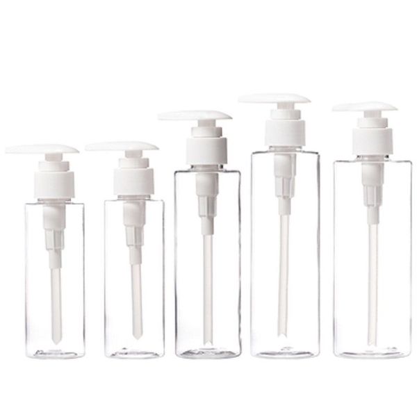 Shampoo Bottle Cosmetic Plastic Clear Bottle Flat Shoulder PET White Pump Portable Packaging Container 100ml 120ml 150ml 200ml 250ml Refilla
