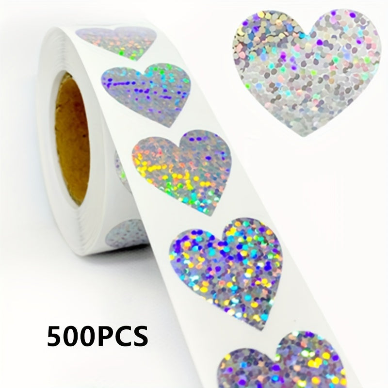 TEMU 500pcs Iridescent Rainbow Heart Stickers - Multicolor Holographic, Scrapbooking, Laser Adhesive Labels, Sealing & Thank You Gifts!