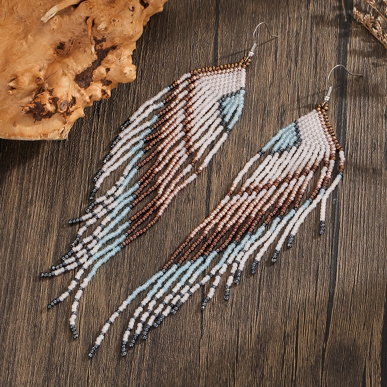 TEMU Boho-chic Blue Heart & Wing Beaded Dangle Earrings - Handcrafted Glass Rice Beads, Casual Attire & Gifting