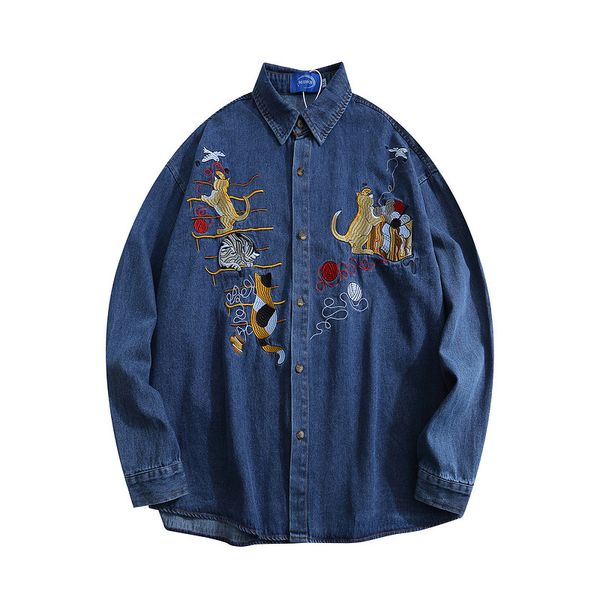 Men Denim Shirt Coats Y2K Harajuku Embroidery Cat Cotton Long Sleeve Jeans Shirts Hip Hop Fashion Casual Loose Blouses Jacket