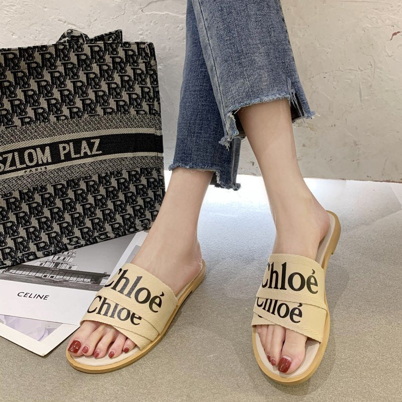 Slippers Women Low Heel Canvas Fabric House Shoes Designer Summer Footwear Luxury Flat Sandals Sale Beach Slides Bathroom Living