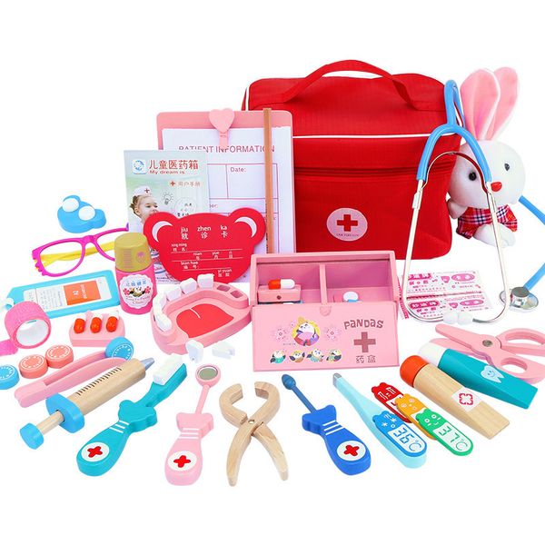 Beauty Fashion Doctor Toys for Children Set Kids Wooden Pretend Play Kit Games Girls Boys Red Dentist Medicine Box Cloth Bags 230427