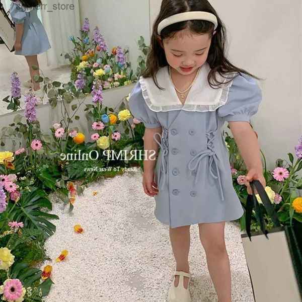 Girl&#039;s Dresses Cute Baby Girls Puff Sleeve Bandage Dress Summer Korean Style Lace Turn Down Collar Kids Blazer Dresses Party Children C