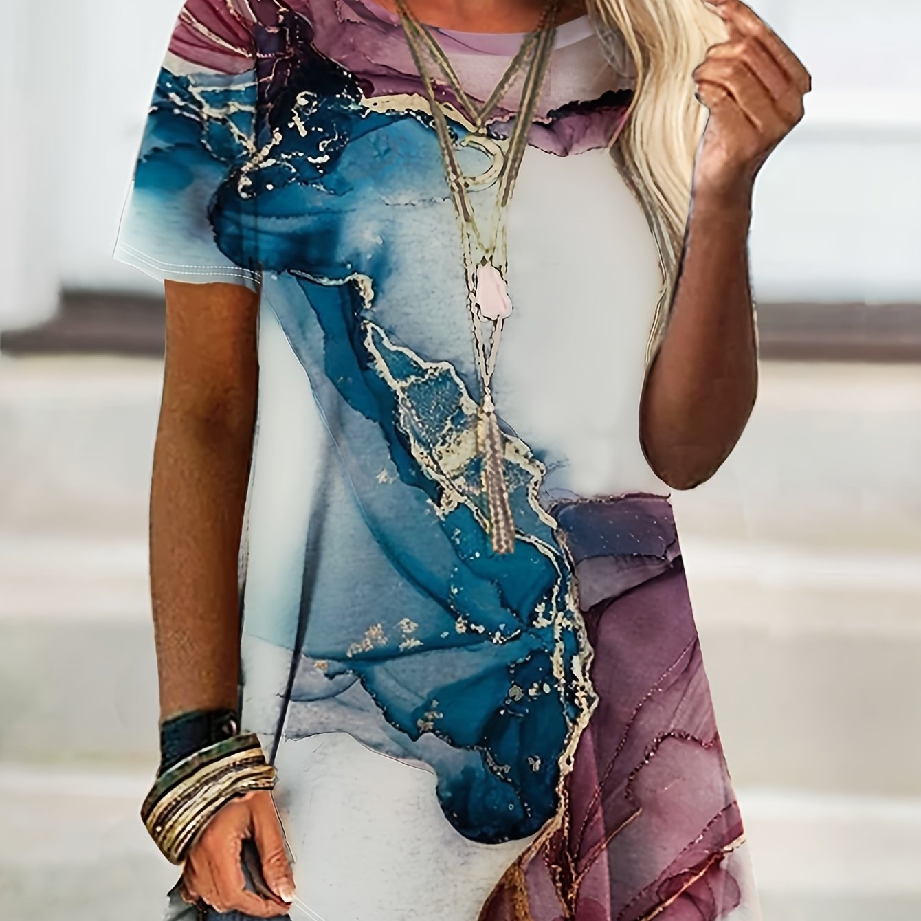 TEMU Women's Casual Short Sleeve T-shirt - Artistic Floral Print, Relaxed Fit, Machine Washable, Spring Summer Fall Versatile Top, Casual Attire |