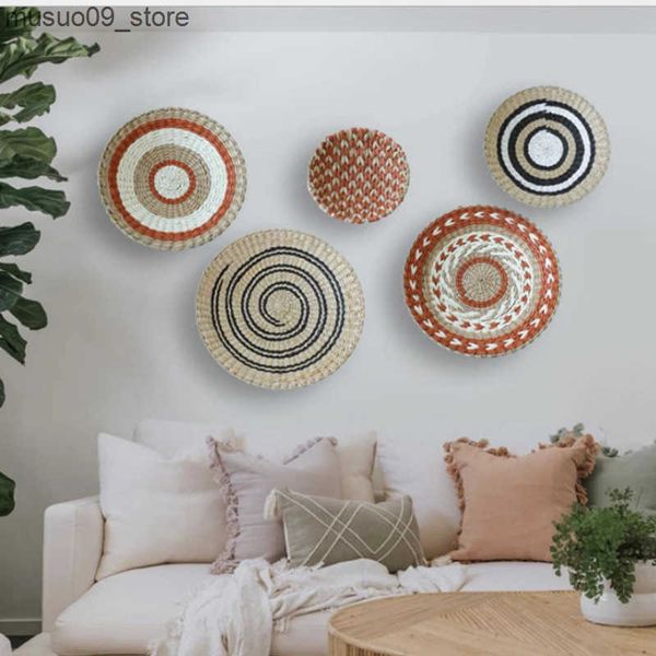 Decorative Plates Moroccan Style Straw Wall Plate Background Decoration Ethnic Style Wall Hanging Bedroom Sofa Bedside Home Deco30x30cm L240