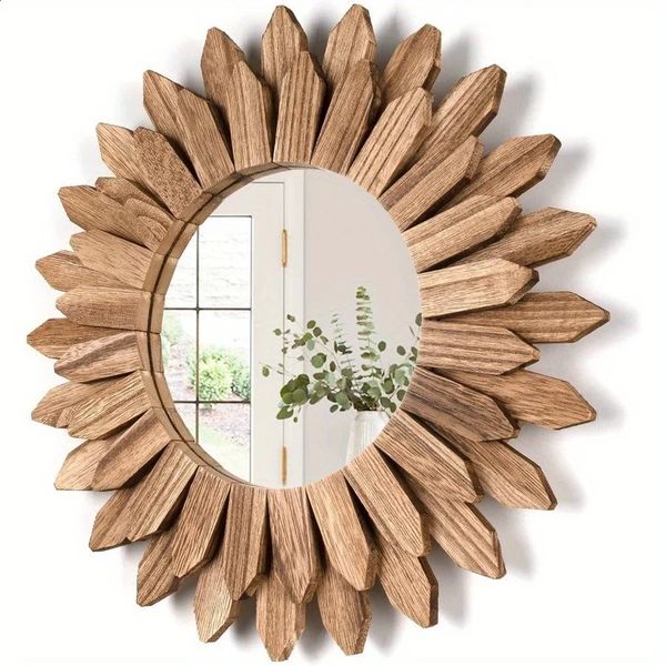 12inch Rustic Wooden Farmhouse Decorative Mirror Wall Mounted Vanity Mirror 240719