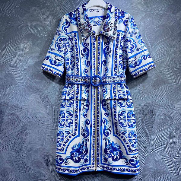 European Station Luxury Dresses Women Retro High set Blue and white pottery Printing Heavy Industry Diamond studded Beads Slim waist short s