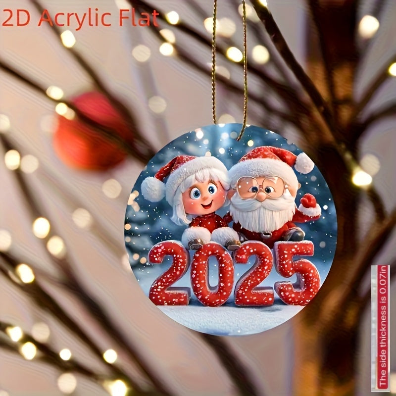 TEMU 2d Flat, New Arrival 2d Flat Classic Santa And Snowman Leather Christmas Ornaments, 2025 Round Holiday Hanging Pendant, No Electricity Required