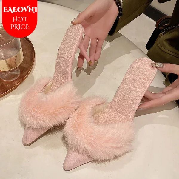 Spring Pointed Toe Mules shoes 2024 womens slippers slip on womens fashionable girls Comfrot high heels party high heels fur sandals 241024