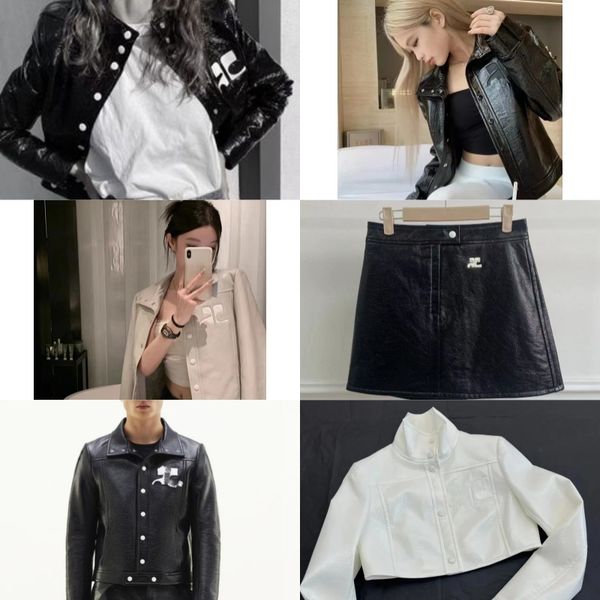 Fashion Classic Trendy Cloth Women Embroidered Stand Collar Black Pu Short Jacket Designer Skirt High Waist Pu Leather