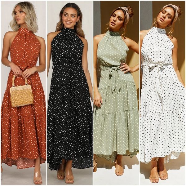 Women&#039;s Polka Dot Loose Mid Waist Ruffle Edge Round Hanging Neck Collar Sleeveless Large Swing Jumpsuit Long Skirt Loose Short Novelty