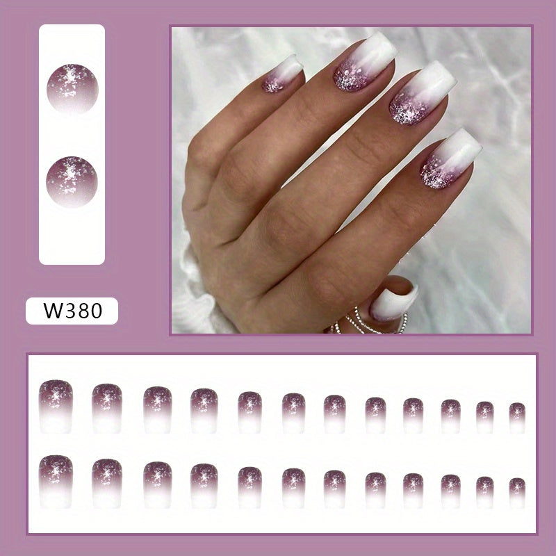 TEMU Short Square Press-on Nails - White To Purple Ombre Gradient Glossy Fake Nails With Glitter Accents, Instagrammable Nail Art For Women, Easy