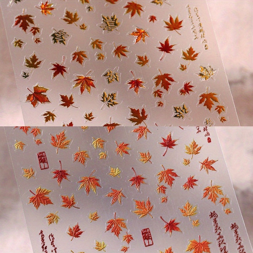 TEMU 2pcs Sparkling 5d Maple Leaf Nail Art Stickers -self-adhesive, Shimmeringgolden Foil Decals For Autumn