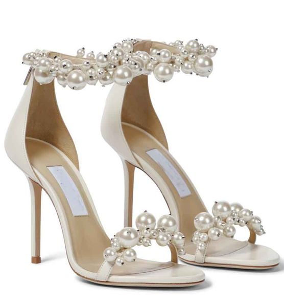 Elegant Bridal Wedding Dress Sandals Shoes Maisel Lady Pearls Ankle Strap Luxury Brands Summer High Heels Women&#039;s Walking With Box,EU35