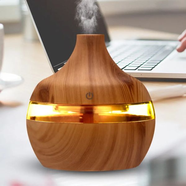 300ML USB Air Humidifier Electric Aroma Diffuser Mist Wood Grain Oil Diffuser For Car Office Home Have 7 LED Light Humidifiers 250113