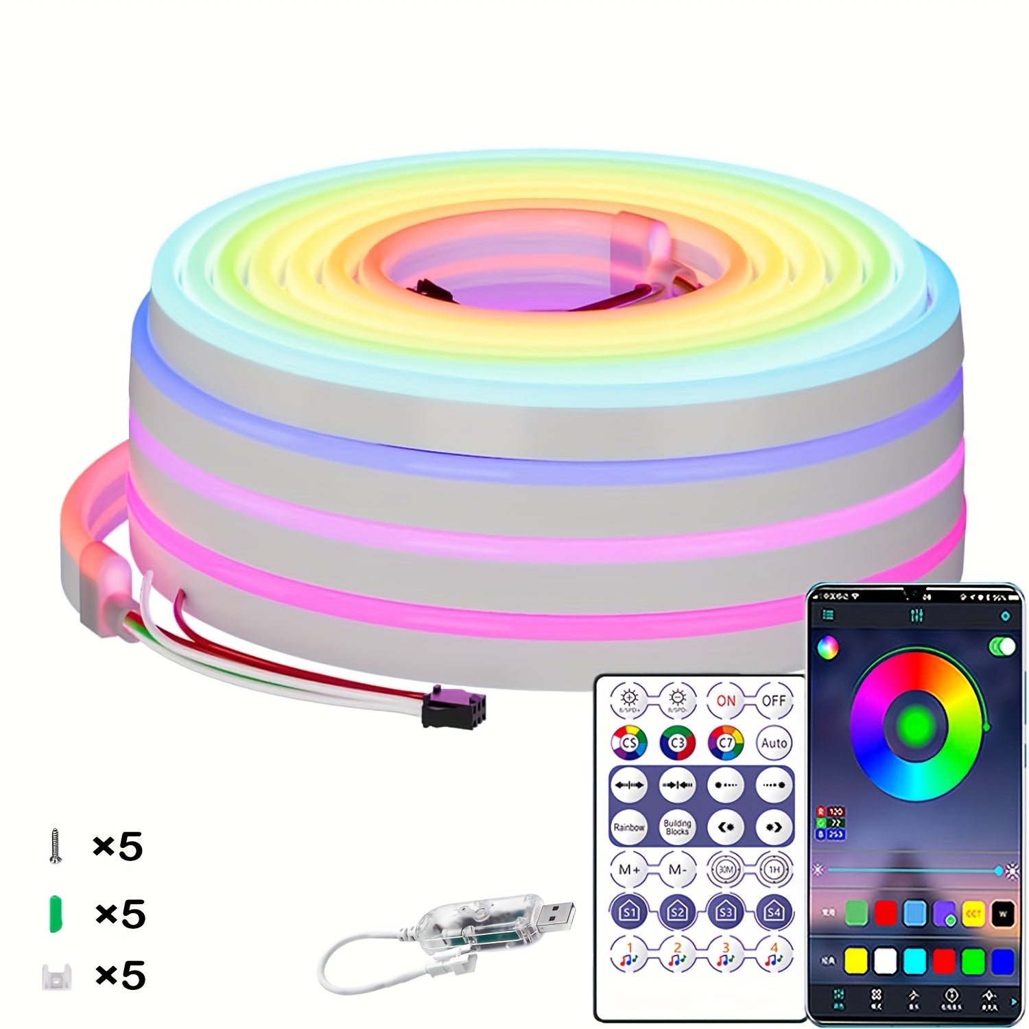 TEMU Rgb+ic Color Led Neon Rope Lights, Usb Addressable, Waterproof, Flexible For Diy Wall And Gaming Decor, Cuttable Neon Strip (1-2-3-5m), Neon