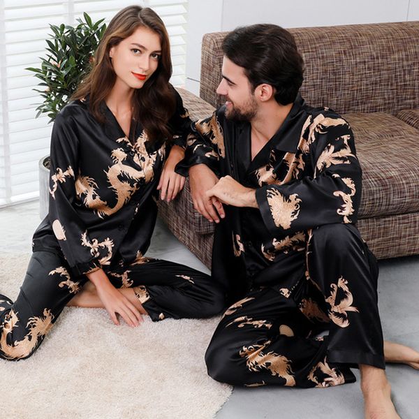 2024 New Couple Silk Satin Sleepwear Long Sleeve Sleepwear Pamas Set Men&#039;s and Women&#039;s Sleep 2PC Set Home Clothes
