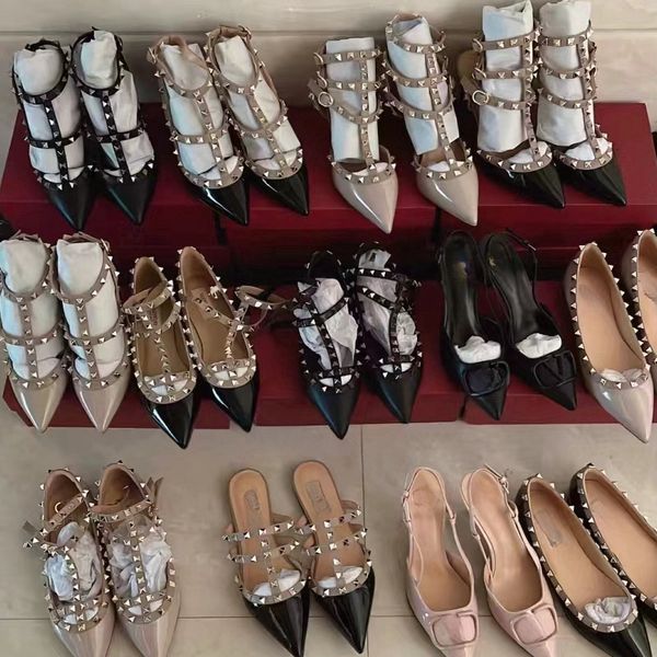 Designer High Heel Sandal Dress Shoes Ankle Strap Roman Studs Black Nude Strip Rivets Womens Stiletto Block leather peep-toes slingback gold