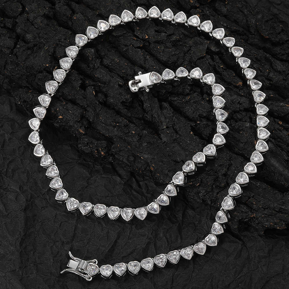 Hip Hop Heart Shaped Tennis Chain Necklace Couple Folding Fashion Copper Implaid Iced Out Cubic Zircon Chain Choker Cz Stone Necklaces For Men And W