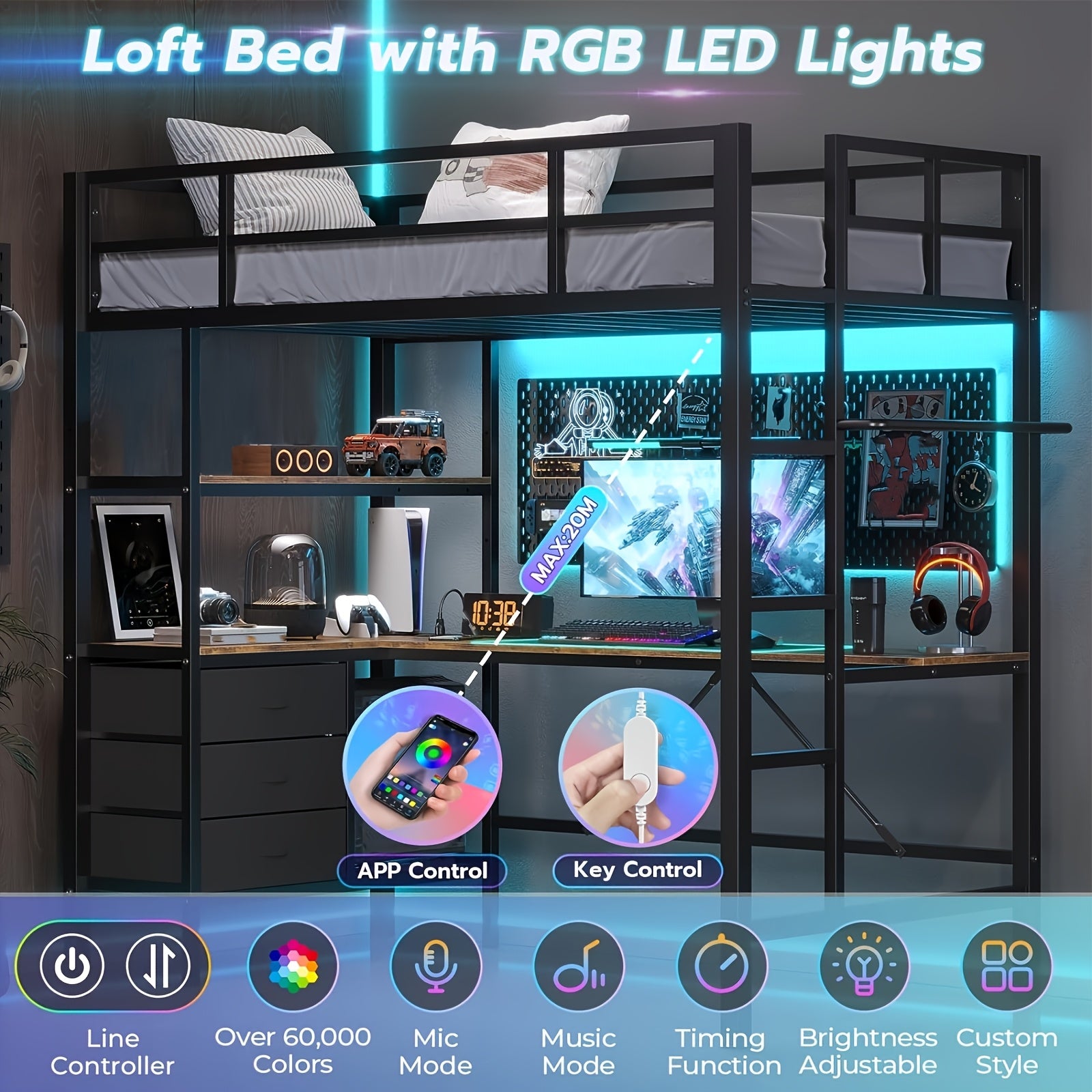 TEMU Loft Bed With L Shaped Desk&rgb Led Lights&charging Station, Loft Bed Frame With Fabric Drawers&storage Shelves&safety Guard&ladder, Spring