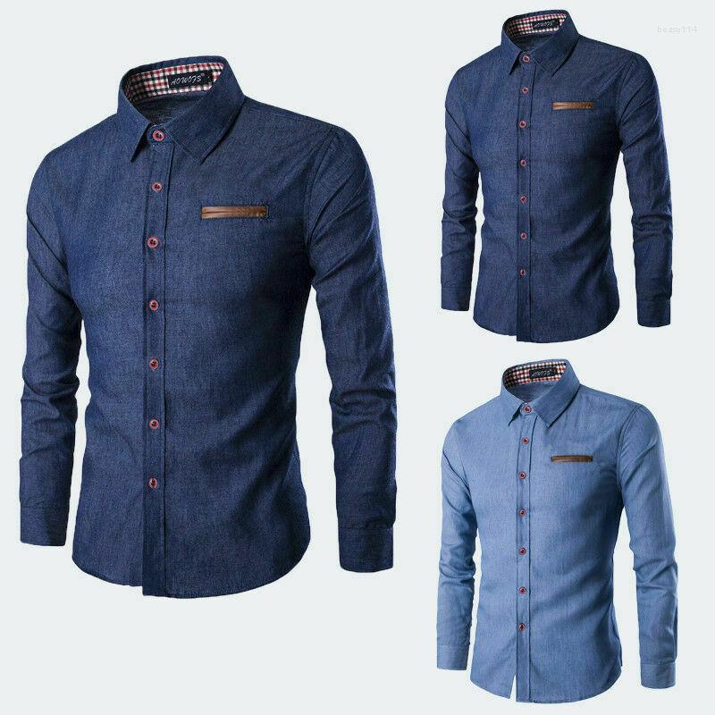Men&#039;s Casual Shirts Korean Style Slim Fit Men&#39;s Denim Shirt Male Long Sleeve Blue Blouse Masculina Luxury Dress Men Plus Size
