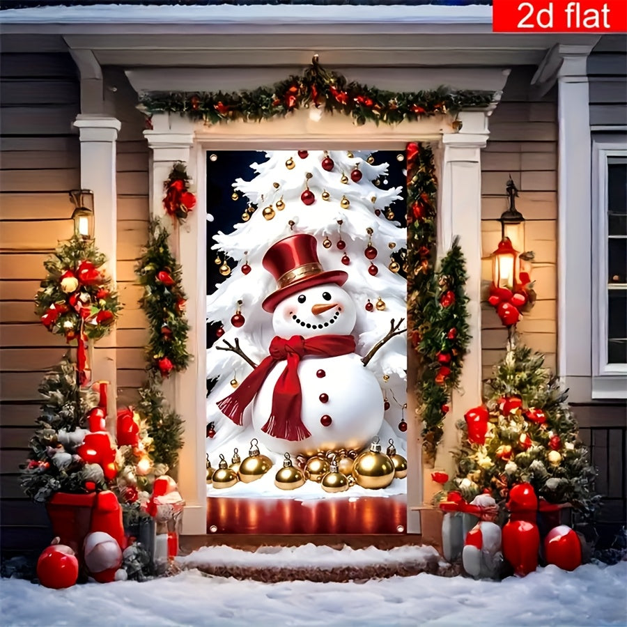 TEMU Christmas 2d Flat, 1pc Jumbo 70x35 Inch Christmas Door Curtain Banner - Snowman & Decorated Tree Holiday Decoration With Red Scarf, Golden