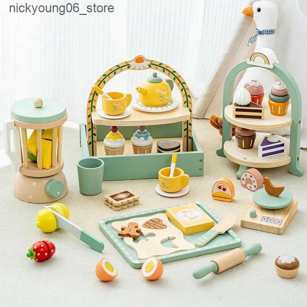 Kitchens Play Food Wooden Kitchen Pretend Play Toy Kids Wooden Toys Coffee Maker Set Cake Ice Tea Playset Toddler Learning Educational ToysL