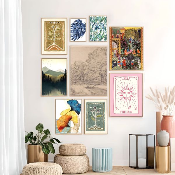 3 pieces Wooden Framed Canvas Poster Ginkgo leaves, landscape, tropical plants, gold, blue art, Creative Waterproof Canvas Posters, Bedroom