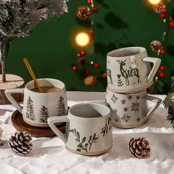 Mugs Vintage ceramic coffee cup heat-resistant handle cup used for juice milk office kitchen restaurant Christmas cup gifts L240910