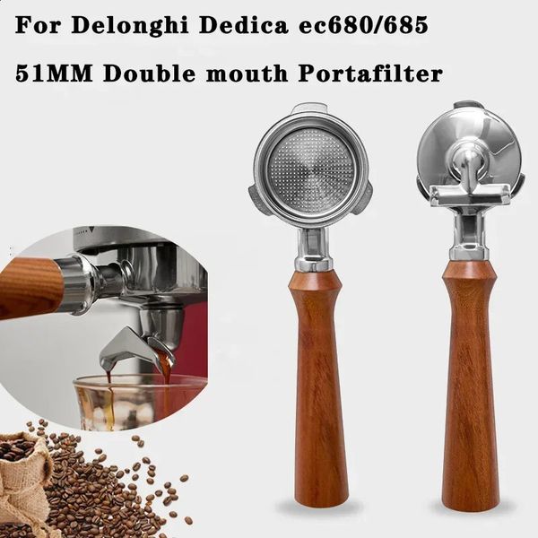 51mm stainless steel 3-ear Portafilter suitable for Delonghi Dedica Ec680-685 coffee machine dual spout split coffee handle Utensils 240801
