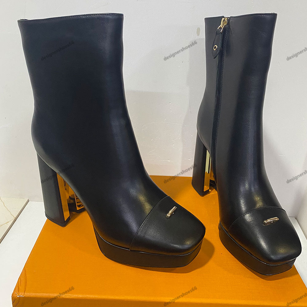 1AID09 Womens Swing Platform Ankle Boot designer boots Signature hardware Autumn Winter Boots Leather outsole lambskin fashion boot half flower high