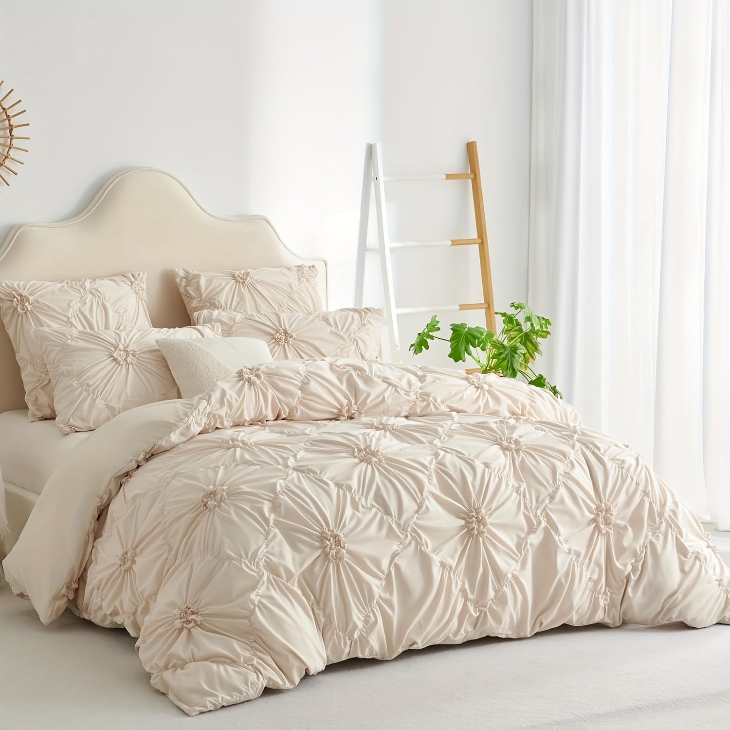 TEMU Rustic French Style Textured Flower Pinch Pleated Duvet Cover Set Solid Luxury Bedding Set