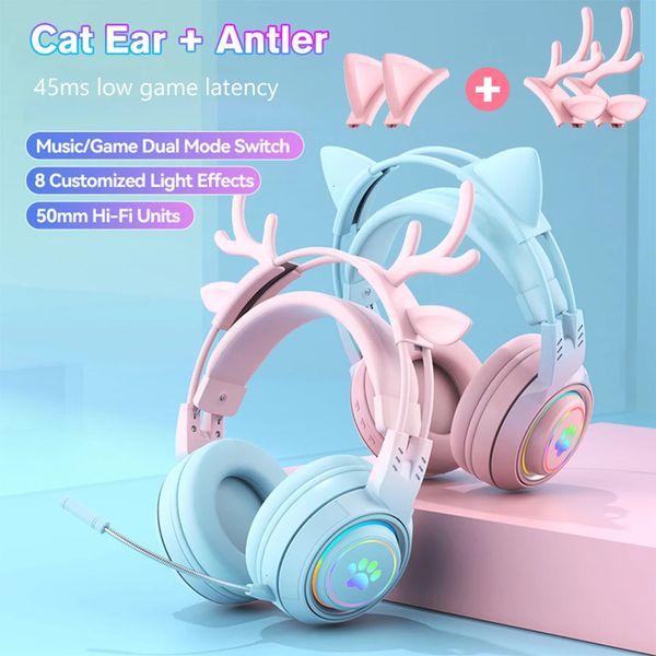 Cute Ant-Cat Ears Wireless Bluetooth Gaming Earbuds with RGB Lights Childrens Cute Girl Gift 241125