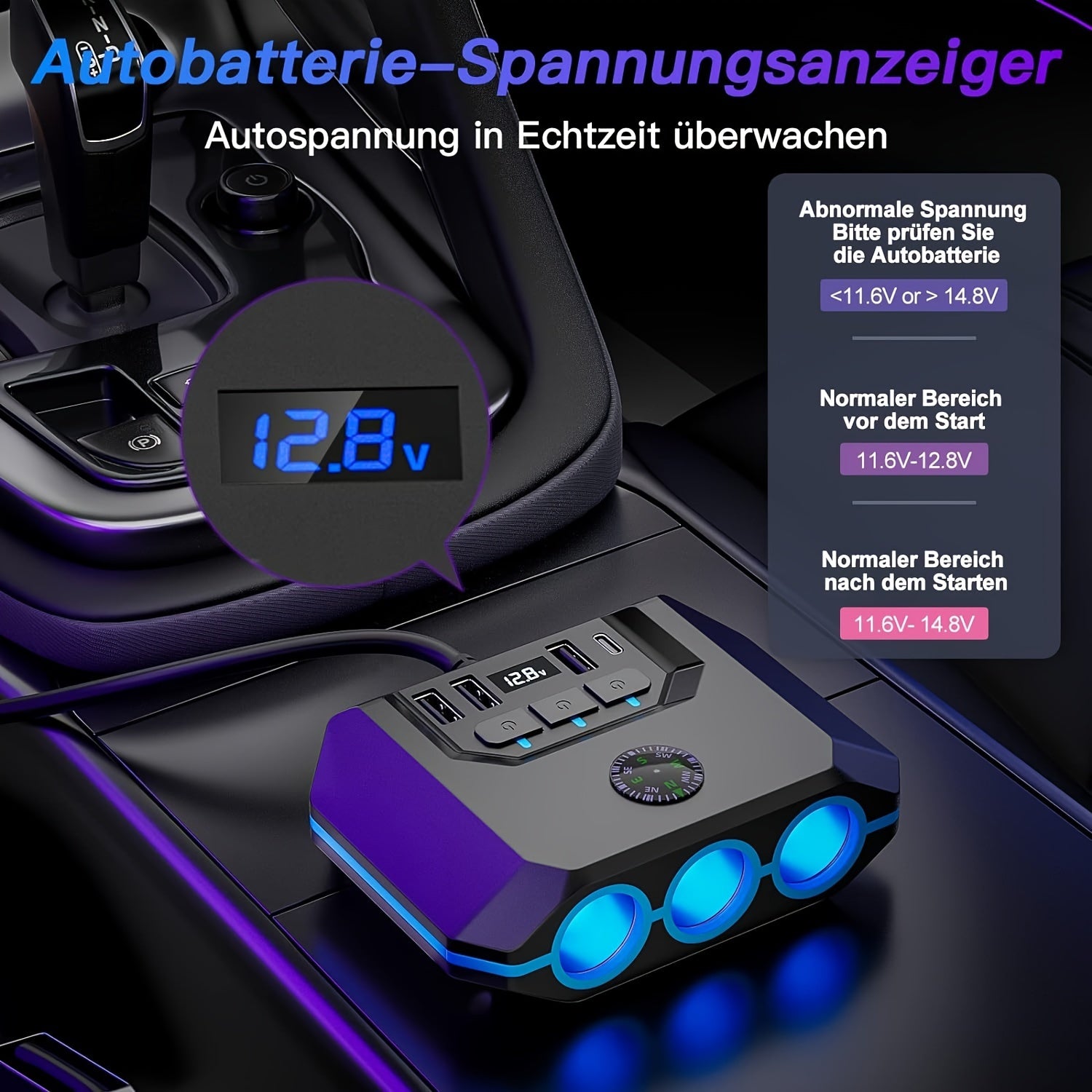 TEMU Car Lighter Splitter Charger Adapter 3 Socket Power Outlet 120w Usb 12v-24v Car Socket Outlet Splitter With Voltage Monitor Independent Switch