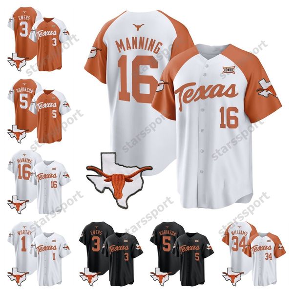 Custom Texas Longhorns Baseball Jersey 16 Arch Manning 3 Quinn Ewers 5 Bijan Robinson 34 Ricky Williams 1 Xavier Worthy Jerseys Stitched
