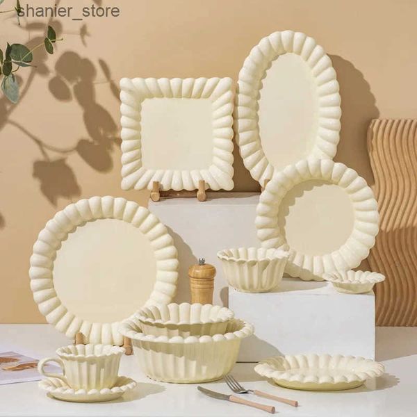 Dishes Plates Ahunderjiaz beige ceramic bowl and plate set large soup bowl tableware breakfast fruit plate kitchen tools L240910