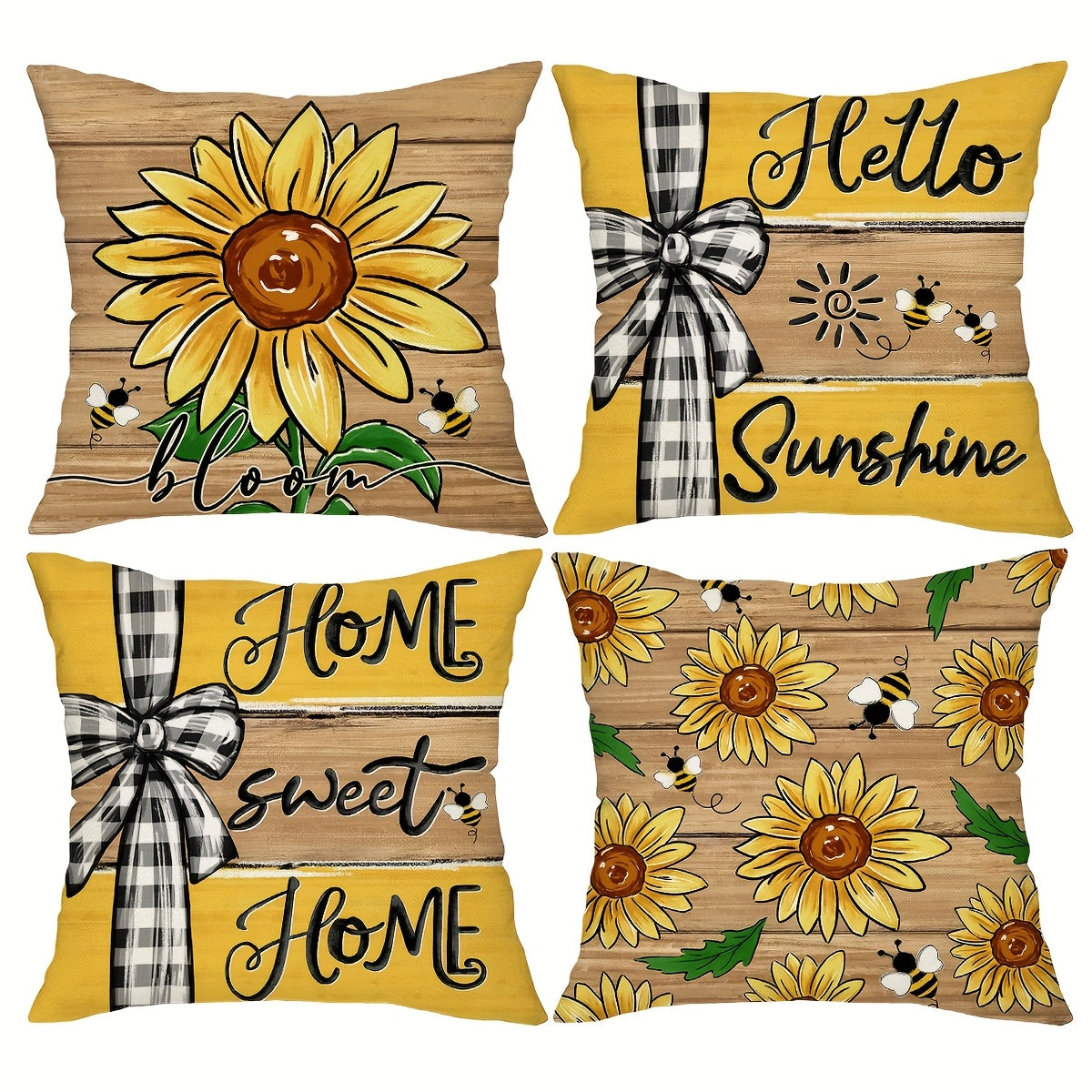 TEMU 4pcs, Sunflowers Throw Pillow Covers, 18in*18in Wood Grain Stripes Cute Bee Yellow Sunflowers Spring Summer Seasonal Decor Cushion Covers,