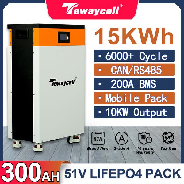 Tewaycell 15KWH Powerwall 51V 300AH LiFePO4 Battery Pack 6000 Cycles Buitl-in 200A BMS CAN RS485 Monitor Solar ESS 10KW Output