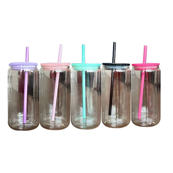 16oz Double Layer with Lid Reusable Straw Beer Transparent Frosted Glass Tumbler Soda Can Cup,water bottles