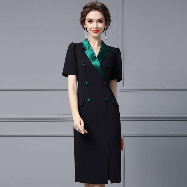 Black Dress for Womens Summer New 2024 High-end Contrasting Suit Collar Covers the Belly and Slimming Skirt Short Bifurcated Silk Dress Roun