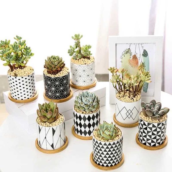 Planters Pots Nordic Geometric Pattern Ceramic Succulent Pot Straight Simple Black and White Home Decoration Succulent Small Potted Plant S2