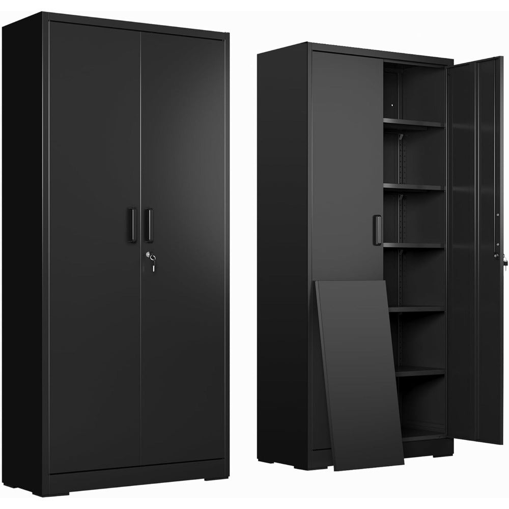TEMU Metal Double Door Locker With 2 Doors And 5 Adjustable Shelves, 71 Inch Black Lockable Steel Filing Cabinet, Large Capacity Metal Cabinet For