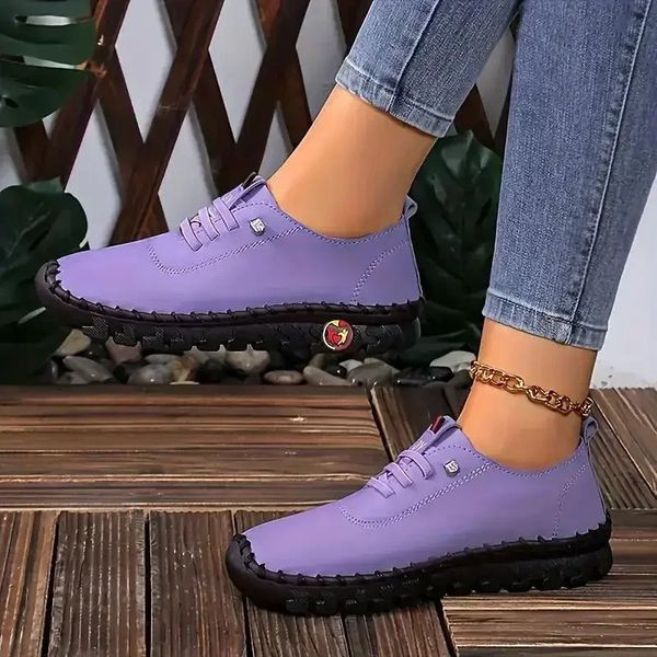 Womens Handmade Flat Sneakers - Comfortable Lace Up Round Toe Faux Leather Casual Walking Shoes zapatos de mujer 250106