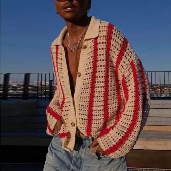 Sweater Mens Coat All-Matching Short Sleeve Y2K Patchwork Knitting Sweaters Tops Summer Cardigan Lapel Sweater Shirt 241224