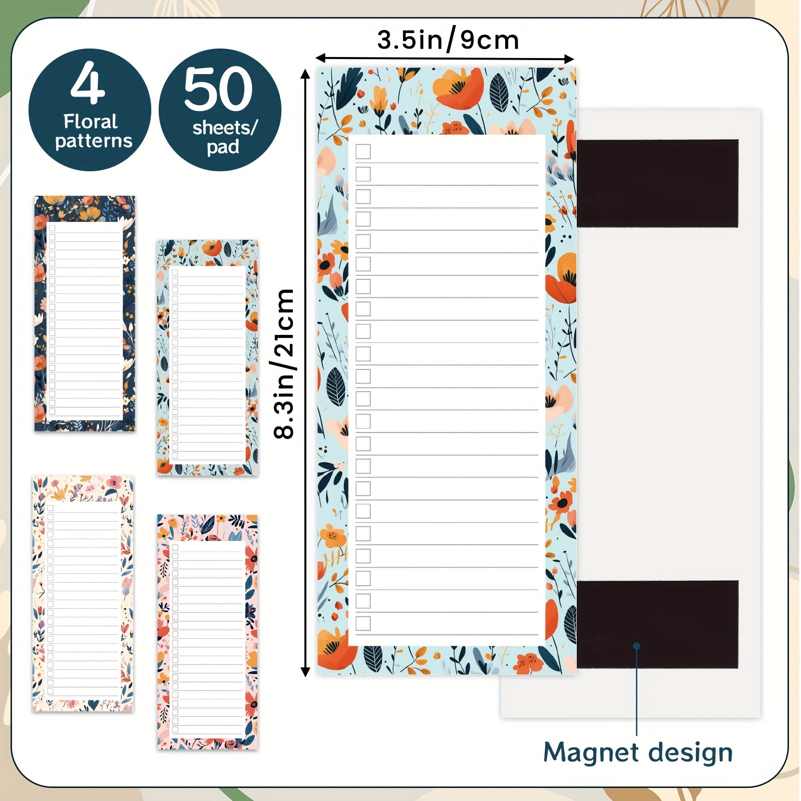 TEMU Magnetic Floral Self-stick Notepads (4 Pack, 50 Sheets) - Oblong Whiteboard & Refrigerator Memo Pad For Shopping , To-do's, Reminders Task