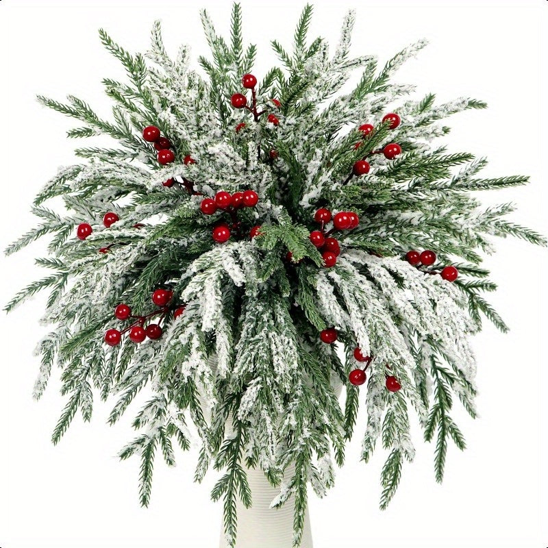 TEMU 22-40 Set Of Artificial Norfolk Pine Branches + With Red Berries 12.8 Inch Christmas Green Norfolk Pine Stems Fake Pine Needle Branches For Vase